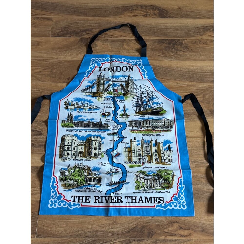 London River Thames Souvenir Apron With Iconic Landmarks Print & Adjustable Ties